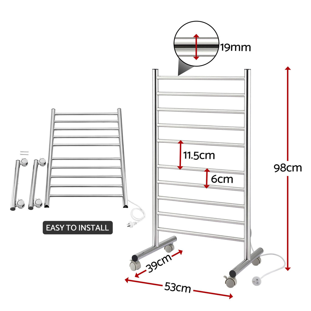 Devanti 10-Bar Freestanding Heated Towel Rail 3-5 Mins Fast Heating Electric Towel Warmer for Bathroom Winter Drying Stainless Steel Plug In 100W