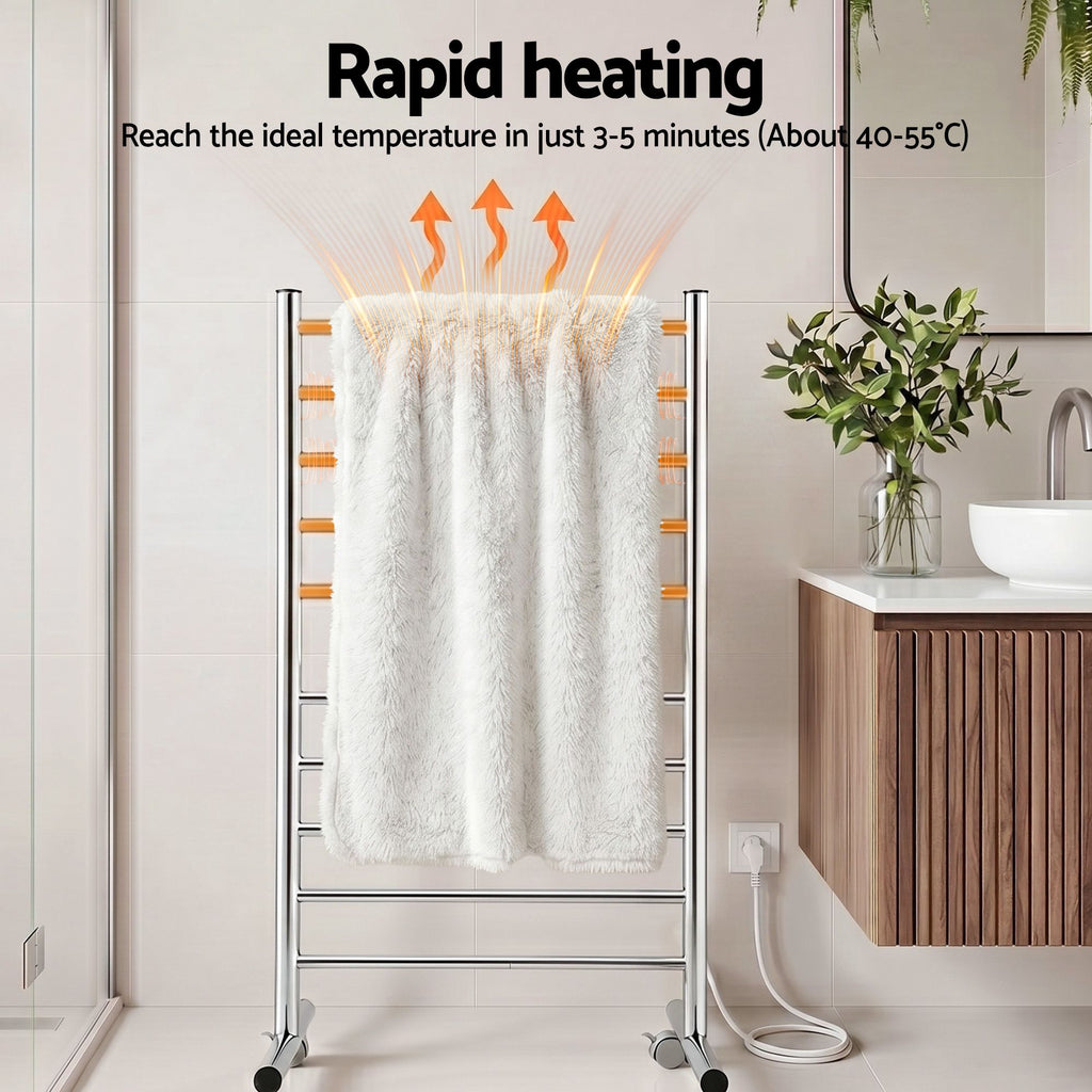 Devanti 10-Bar Freestanding Heated Towel Rail 3-5 Mins Fast Heating Electric Towel Warmer for Bathroom Winter Drying Stainless Steel Plug In 100W