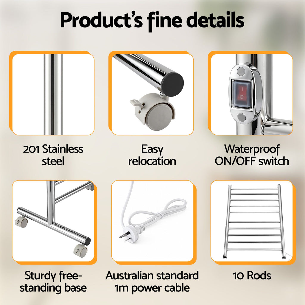 Devanti 10-Bar Freestanding Heated Towel Rail 3-5 Mins Fast Heating Electric Towel Warmer for Bathroom Winter Drying Stainless Steel Plug In 100W