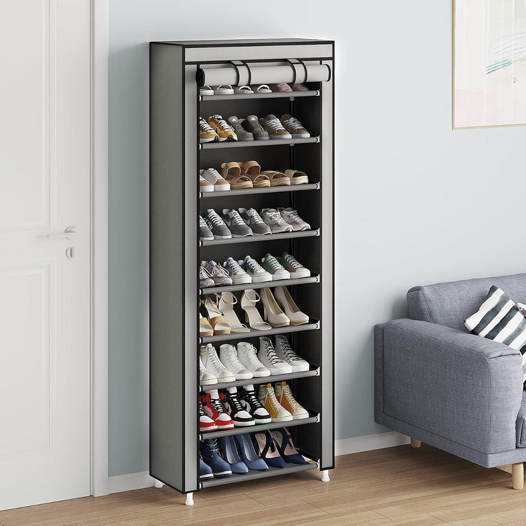 10 Tier Black Shoe Rack Dustproof Organiser Shoe Storage Cabinet for Home Use